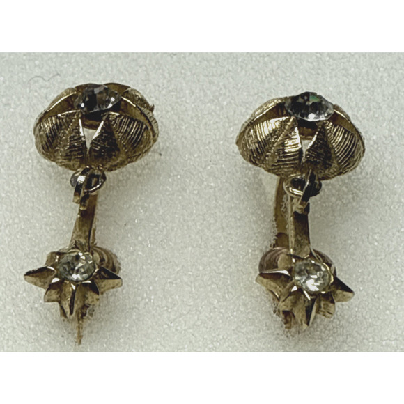 Vintage Atomic Starburst Star Clip On Dangle Earrings Rhinestone - Picture 7 of 15
